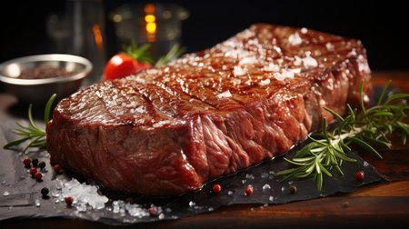 Grilled steak with melted barbeque sauce on a black and blurry backgroundの素材