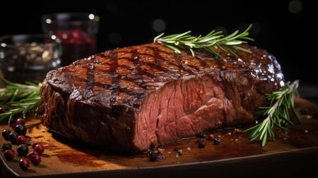 Grilled steak with melted barbeque sauce on a black and blurry backgroundの素材