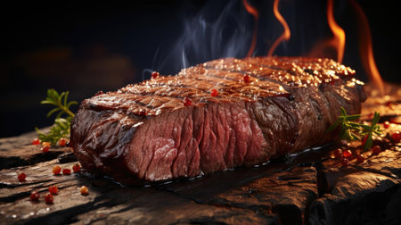 Grilled steak with melted barbeque sauce on a black and blurry backgroundの素材