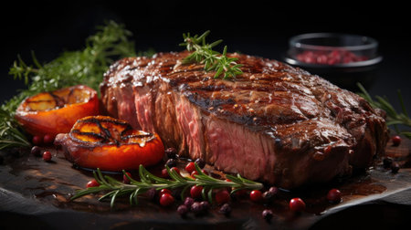 Grilled steak with melted barbeque sauce on a black and blurry backgroundの素材