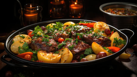 delicious pot roast meat with black and blur backgroundの素材