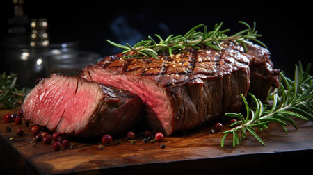 Grilled steak with melted barbeque sauce on a black and blurry backgroundの素材