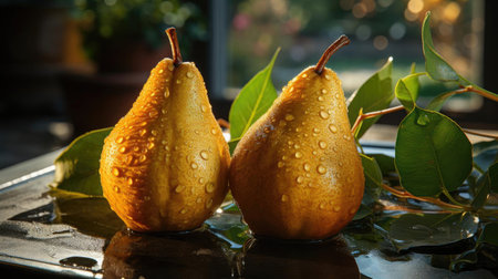 delicious fresh pears fruits with black and blur backgroundの素材
