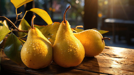 delicious fresh pears fruits with black and blur backgroundの素材