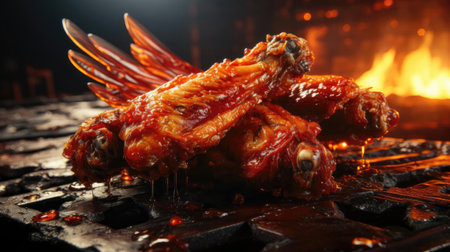 Buffalo wings with melted hot sauce on a wooden table with a blurred backgroundの素材