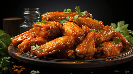 Buffalo wings with melted hot sauce on a wooden table with a blurred backgroundの素材