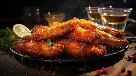 Buffalo wings with melted hot sauce on a wooden table with a blurred backgroundの素材
