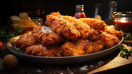 Buffalo wings with melted hot sauce on a wooden table with a blurred backgroundの素材