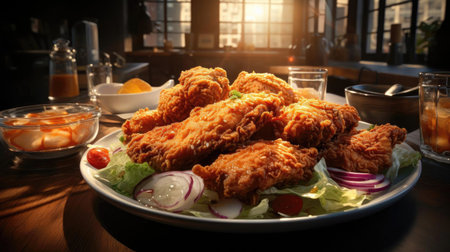 Buffalo wings with melted hot sauce on a wooden table with a blurred backgroundの素材