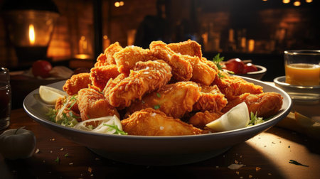 Buffalo wings with melted hot sauce on a wooden table with a blurred backgroundの素材