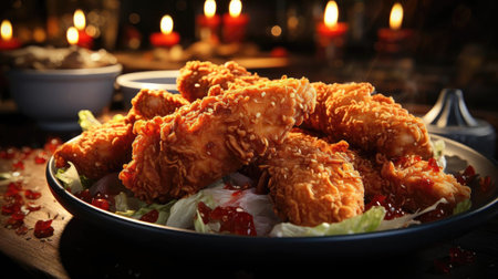 Buffalo wings with melted hot sauce on a wooden table with a blurred backgroundの素材