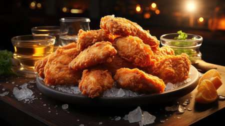 Buffalo wings with melted hot sauce on a wooden table with a blurred backgroundの素材