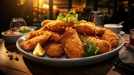 Buffalo wings with melted hot sauce on a wooden table with a blurred backgroundの素材