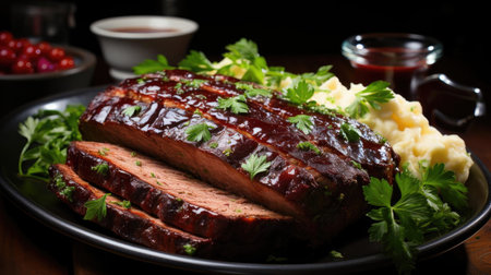 delicious meatloaf with vegetable topping, black and blurred backgroundの素材