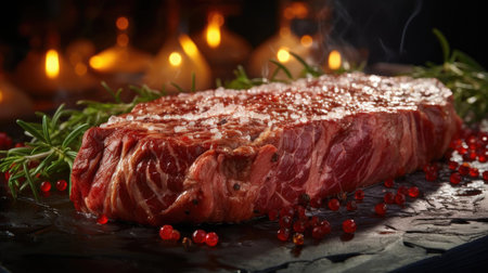 Grilled steak with melted barbeque sauce on a black and blurry backgroundの素材
