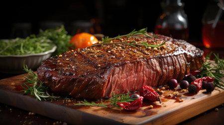 Grilled steak with melted barbeque sauce on a black and blurry backgroundの素材
