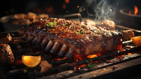 Realistic grilled barbeque with melted barbeque sauce and cut vegetables, black and blur backgroundの素材