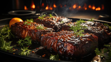 Realistic grilled barbeque with melted barbeque sauce and cut vegetables, black and blur backgroundの素材