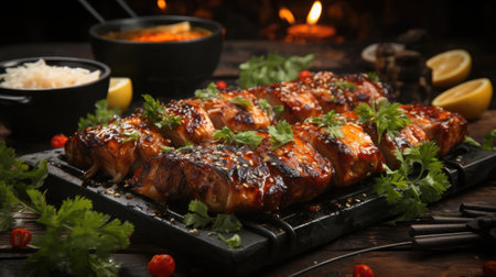 Delicious grilled yakitori with vegetable toppings, blur backgroundの素材
