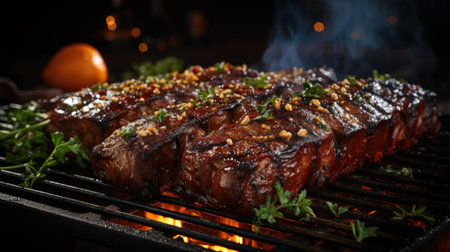 Realistic grilled barbeque with melted barbeque sauce and cut vegetables, black and blur backgroundの素材