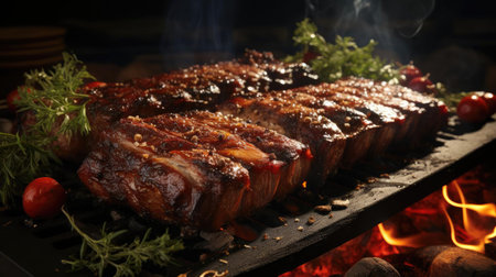 Realistic grilled barbeque with melted barbeque sauce and cut vegetables, black and blur backgroundの素材