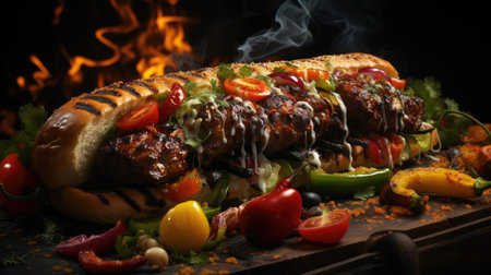 Delicious kebab full of meat and vegetables, black and blur backgroundの素材