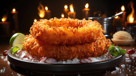Delicious crispy onion rings, black and blur backgroundの素材