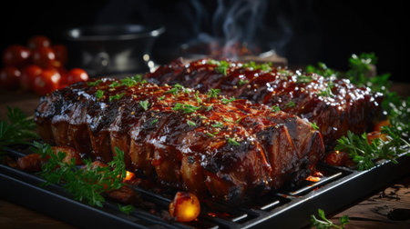 Realistic grilled barbeque with melted barbeque sauce and cut vegetables, black and blur backgroundの素材