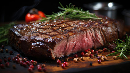 Grilled steak with melted barbeque sauce on a black and blurry backgroundの素材