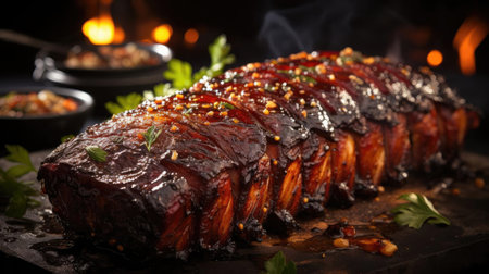 Realistic grilled barbeque with melted barbeque sauce and cut vegetables, black and blur backgroundの素材
