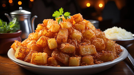 Crispy tater tots with savory salty spices with black and blur backgroundの素材