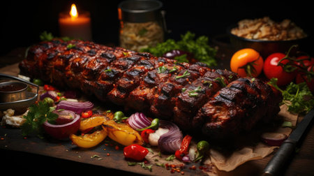 Delicious kebab full of meat and vegetables, black and blur backgroundの素材