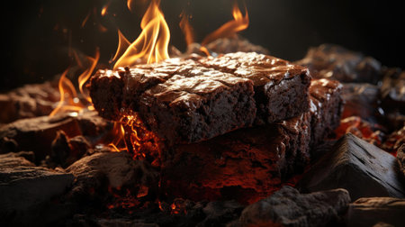 chocolate brownies filled with melted sweet chocolate on black background and blurの素材