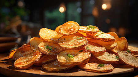 Potato Chips with a sprinkling of savory salty spices on a wooden table with a blurred backgroundの素材