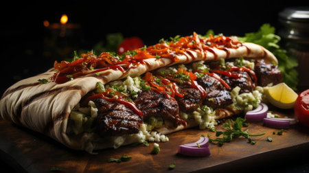 Delicious kebab full of meat and vegetables, black and blur backgroundの素材
