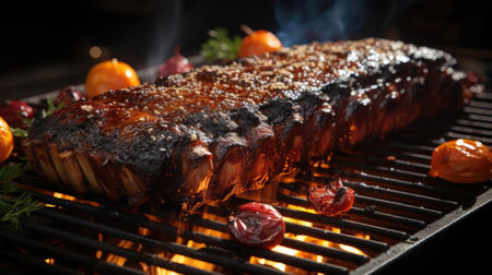 Realistic grilled barbeque with melted barbeque sauce and cut vegetables, black and blur backgroundの素材