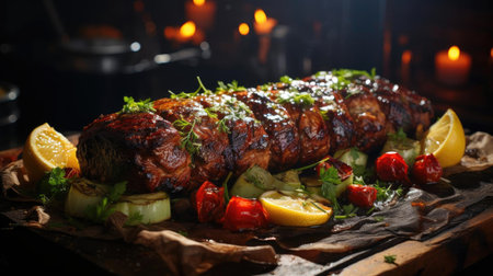 Delicious kebab full of meat and vegetables, black and blur backgroundの素材