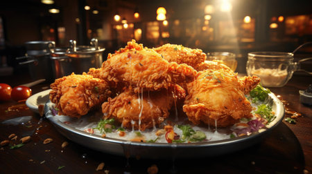 Delicious fried chicken with sweet and sour sauce on a wooden table with a blurred backgroundの素材