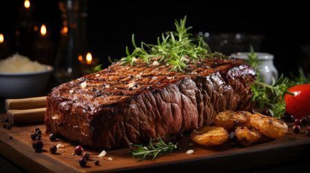 Grilled steak with melted barbeque sauce on a black and blurry backgroundの素材