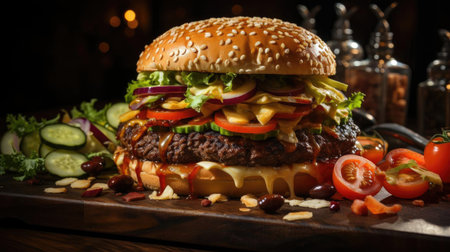 hamburger full of meat and vegetables and melted mayonnaise on a wooden table and blurred backgroundの素材