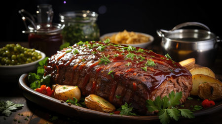 delicious meatloaf with vegetable topping, black and blurred backgroundの素材