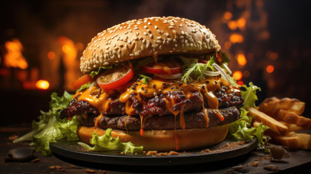 hamburger full of meat and vegetables and melted mayonnaise on a wooden table and blurred backgroundの素材