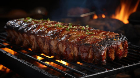Realistic grilled barbeque with melted barbeque sauce and cut vegetables, black and blur backgroundの素材