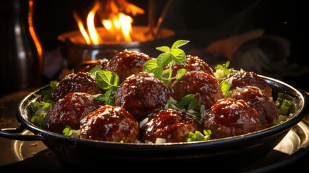 meatballs with melted tomato sauce on a bowl with a black and blur backgroundの素材