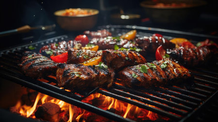 Realistic grilled barbeque with melted barbeque sauce and cut vegetables, black and blur backgroundの素材