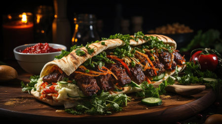 Delicious kebab full of meat and vegetables, black and blur backgroundの素材