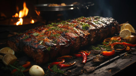 Delicious kebab full of meat and vegetables, black and blur backgroundの素材