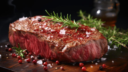 Grilled steak with melted barbeque sauce on a black and blurry backgroundの素材