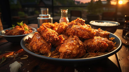 Delicious fried chicken with sweet and sour sauce on a wooden table with a blurred backgroundの素材