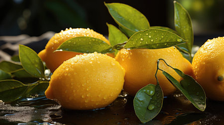 delicious fresh yellow lemons fruits on wood table with black and blur backgroundの素材